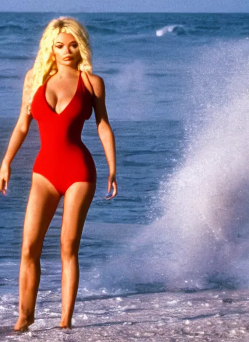 Image similar to a film still of kylie jenner as pamela anderson in baywatch.