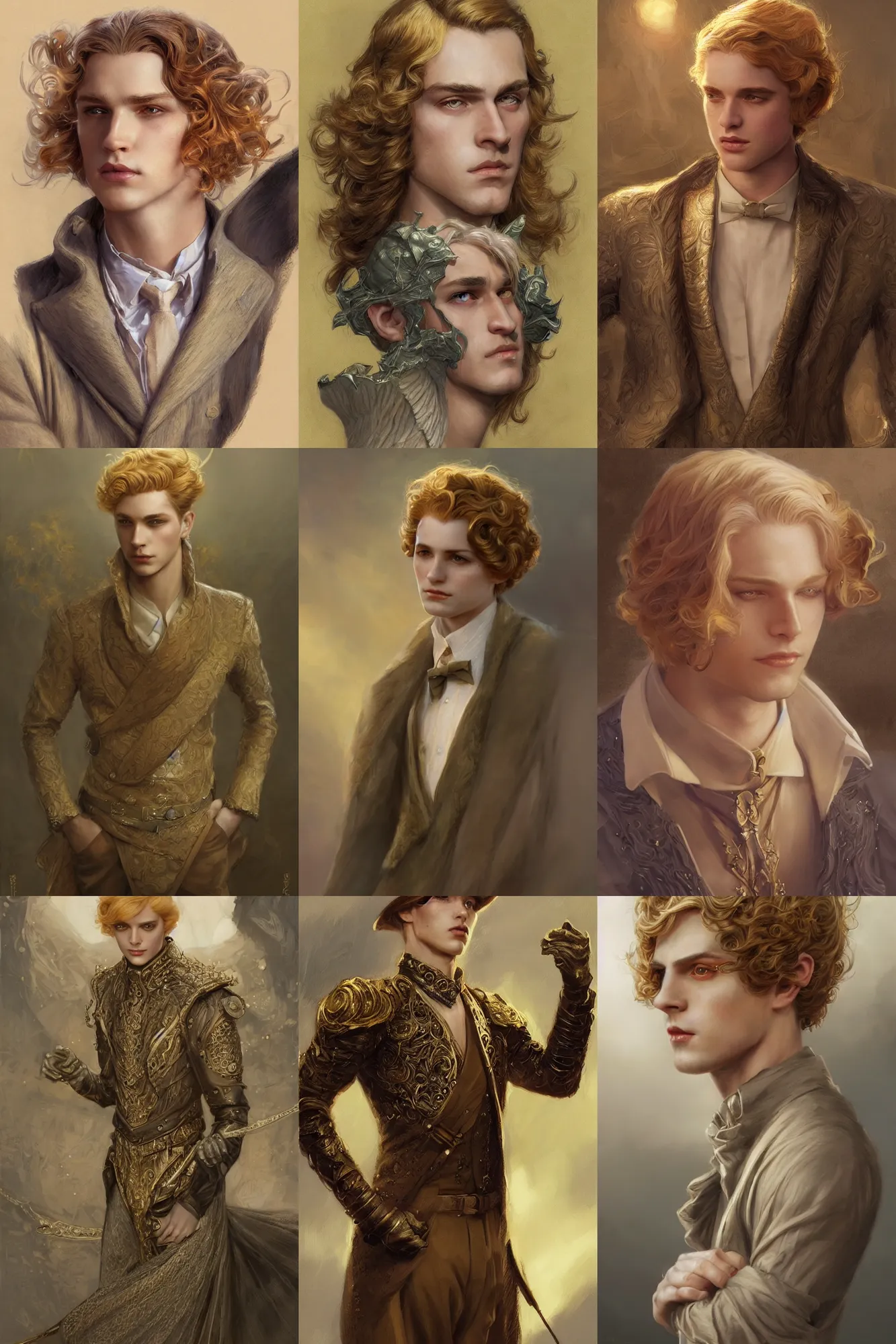 Prompt: young prince, golden hair, 1 9 2 0 s fashion, fantasy, highly detailed, intricate, smooth, sharp focus, artstation, digital paining, concept art, art by donato giancola, charlie bowater, greg rutkowski, artgerm, cedric peyravernay