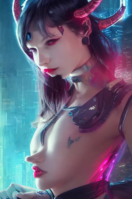 Image similar to portrait futuristic Devil Girl with horns and wings, in future cyberpunk tokyo rooftop , ssci-fi, fantasy, intricate, very very beautiful, elegant, human anatomy, neon light, highly detailed, digital painting, artstation, concept art, smooth, sharp focus, illustration, art by tian zi and WLOP and alphonse mucha