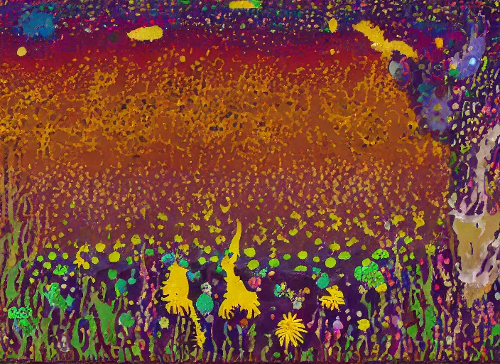 Image similar to expressionistic pixelated decollage painting golden armor alien zombie horseman riding on a crystal bone dragon broken rainbow diamond maggot horse in a blossoming meadow full of colorful mushrooms and golden foil toad blobs in a golden sunset, distant forest horizon, painted by Mark Rothko, Helen Frankenthaler, Danny Fox and Hilma af Klint, pixel, mosaic, semiabstract, color field painting, byzantine art, no anti aliasing, compression artifacts, pop art look, naive, outsider art. Barnett Newman painting, part by Philip Guston and Frank Stella art by Adrian Ghenie, 8k, extreme detail, intricate detail, masterpiece