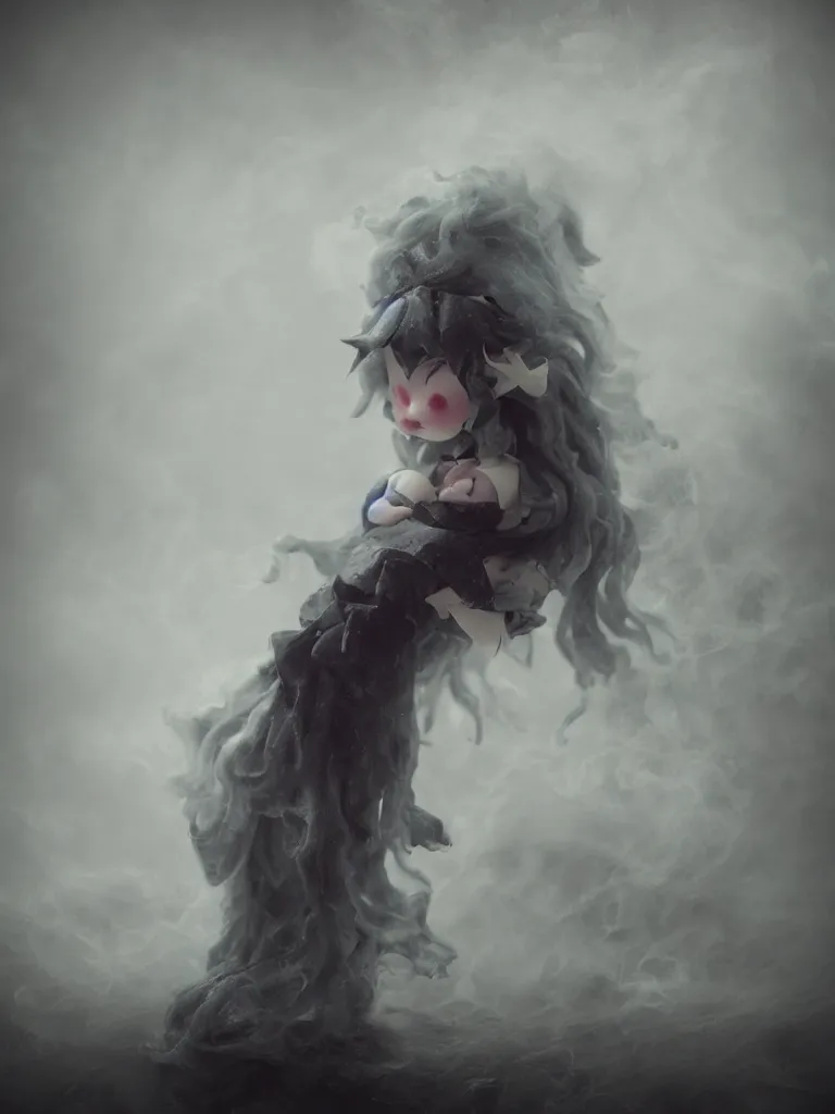 Image similar to cute fumo plush of a cursed frail witch girl held tight in the arms of a ghost, hugging, melting volumetric smoke and fog, environment map pbr reflective stormy water, goth, vignette, vray