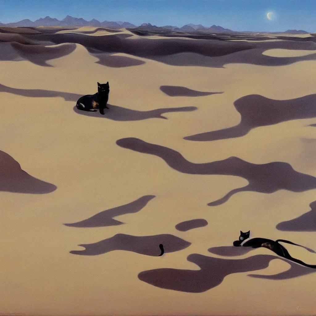 Image similar to an untradetailed oil painting of a melting cat lying on flowing desert, landscape with dunes and oasis far away, hyper realistic, magic, fantasy, by salvador dali