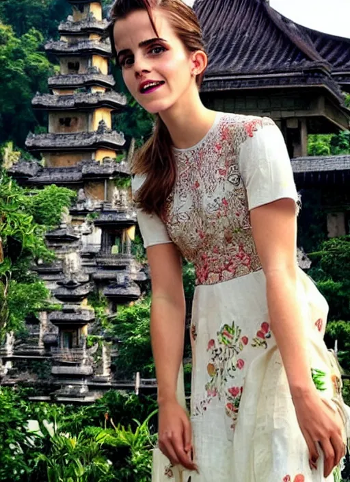 Prompt: emma watson wearing kebaya bali in bali. temple background. front view. instagram holiday photo shoot, perfect faces, beautiful, lighting