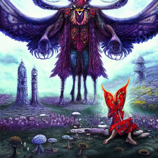 Image similar to 8K Portrait of centered chest up of a psychedelic godlike mothman with giant mandala wings smoking a hand-rolled cigarette smoking heavily , magic mushroom village in background , post-processing , award winning. superb resolution. in the art style of junji Ito and greg rutkowski . Detailed Mushroom city in background. Hyper realistic anime. Perfect art. Dalle2