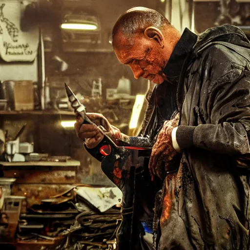 Image similar to half rusted old egg beater half stun - gun, balding older cyborg repairing, red hot soldering iron, dark messy smoke - filled cluttered workshop, dark, dramatic lighting, orange tint, cinematic, highly detailed, sci - fi, futuristic, movie still from blade runner