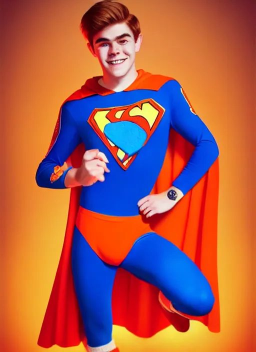 Image similar to friendly teenage archie andrews wearing an orange superhero costume with heart logo, heart, orange costume, blue cape, freckles, cape, heart emblem on chest, heart, blue cape, intricate, elegant, glowing lights, highly detailed, digital painting, artstation, sharp focus, illustration, art by wlop, mars ravelo and greg rutkowski