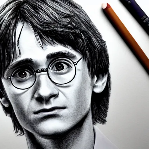 Prompt: Photorealistic portrait of Harry Potter, drawn in pencil