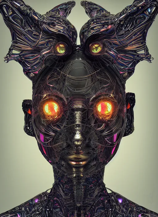 Image similar to a hybrid humanoid androgyne muse with recursive horned wings attached to side of head, concept art, alien-like, sculpted iridescent optical mineralogy features, intricate detail, holographic, pixel sorting, style by James Jean, circuitry, organic detail, asymmetry, cinematic, epic wide shot, ultra detailed, artstation, sharp focus,smooth, cinematic lighting, cinematic detail, composition, photorealistic, render in unreal engine 5, golden ratio, 8k render