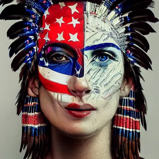 Prompt: a beautiful portrait sculpture designed by Sandra Chevrier, american indian headdress, American stars and stripes on face, by Annie Leibovitz