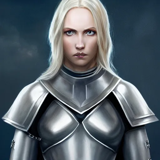 Prompt: fantasy RPG symmetrical portrait, centered shoulders up view, young blonde woman, blonde hair, blue eyes, level 1 plate armour, pale skin, 4k, by greg rutkowski, highly detailed, soft lighting 8k resolution