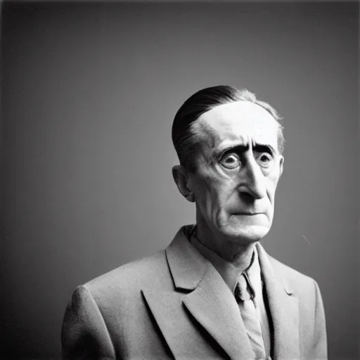 Prompt: a minimalist portrait of Marcel Duchamp in the style of Man Ray and Pieter Hugo, wide angle, monochrome and chromatic aberrations