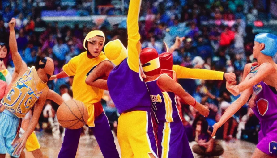 Image similar to power rangers playing basketball against the los angeles lakers, cinestill 8 0 0 t 3 5 mm eastmancolor, heavy grain, high quality, high detail