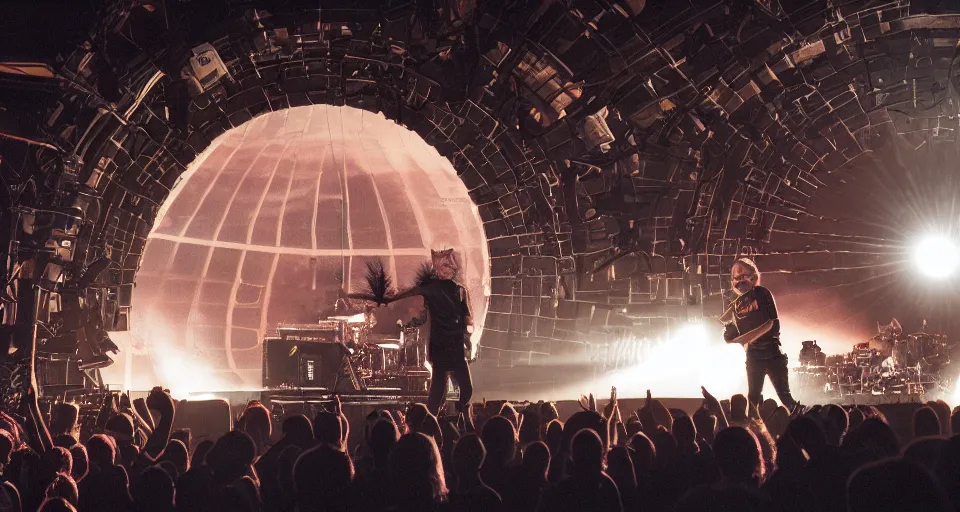 Image similar to a photo of the prodigy playing live with aphex twin on mars in a domed sold out arena