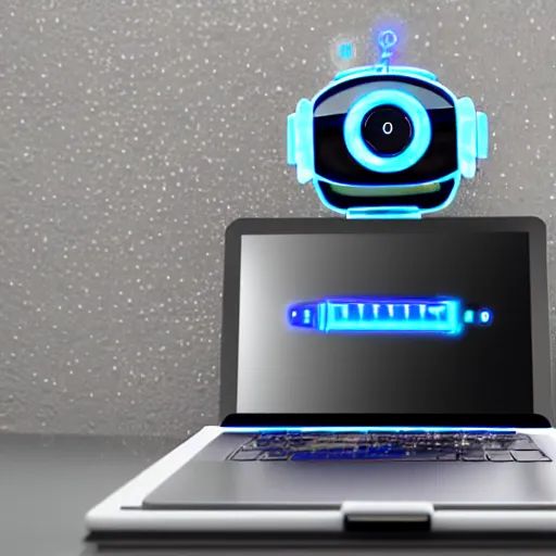 Prompt: beautiful robot works in front of a laptop