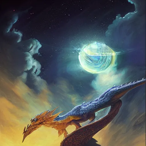 Image similar to Blue scaled dragon devouring an earth like planet in space, sun system, nebula in the background, oil painting, by Fernanda Suarez and Edgar Maxence and Greg Rutkowski