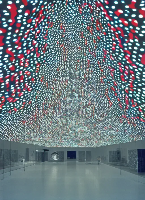 Prompt: a photograph of a museum light installation designed by yayoi kusama, 3 5 mm, color film camera, dezeen, architecture