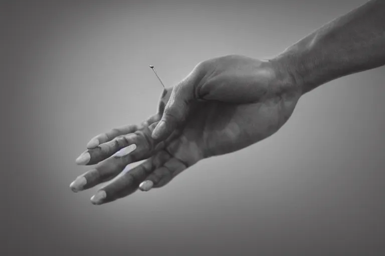 Image similar to Close-up of thin soft hand, five fingers, hand with cigarette with smoke, hand with five fingers, hyper realistic, high details, photo, super resolution