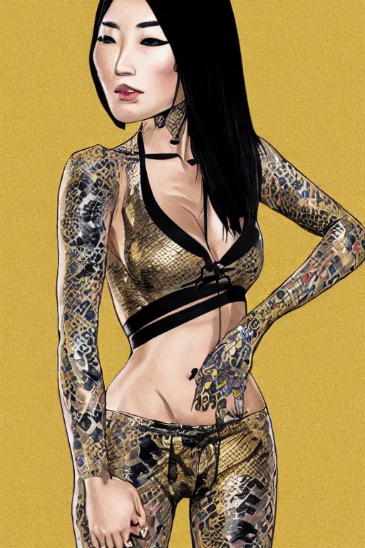 Image similar to yakuza slim girl, gold suit jacket in snake print, jacket over bare torso, yakuza tattoo Irezumi on body, black short curtain haircut, black leather pants with black belt, portrait, beautiful face, elegant, 2d, ultra highly detailed, digital painting, smooth, sharp focus, artstation, art by Ilya Kuvshinov, rossdraws