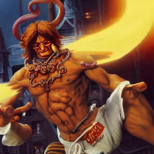 Image similar to john lennon as dhalsim street fighter, ultra realistic, concept art, intricate details, highly detailed, photorealistic, octane render, 8 k, unreal engine, art by frank frazetta, simon bisley, brom