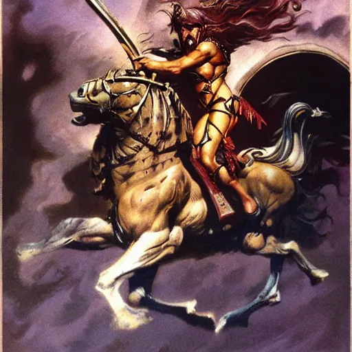 Image similar to barbarian warrior riding a chariot by Boris Vallejo and Frank Frazetta