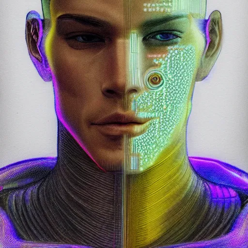 Image similar to a beautiful portrait of a young bionic male cyborg, cyberpunk, intricate wiring, perfectly clean translucent skin, perfect proportions, electronic components, augmented vision, volumetric light, photography, color, intricate, extremely detailed, hyperrealistic, color pencil drawing, trending on artstation