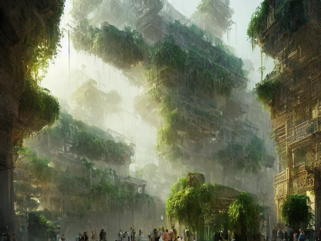 Prompt: the antique green city of babylon with its wonderful hanging gardens at dawn, intricate, elegant, volumetric lighting, digital painting, highly detailed, artstation, sharp focus, illustration, concept art, ruan jia, steve mccurry