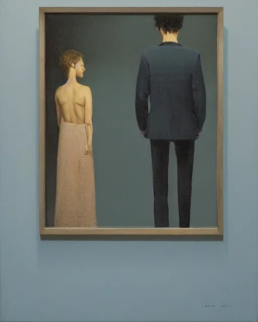 Prompt: man and woman, in the void, by the mirror, station, james gillard, zdislav bexinski, high detail alex colville, otto mueller, jean - michel basquiat, stephen conroy, andrea couch, andrew newell wyeth, daniel meidman yussi picho octane rendering