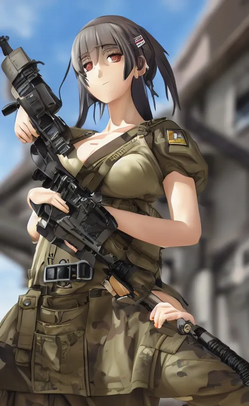 Prompt: portrait of a female soldier, highly detailed, high resolution, military camp in the background, anime figure style, stunning, girls frontline style, bokeh soft, 3d rendering, guilty gear strive graphics, 100mm, award winning photography, by professional photographer, realistic human anatomy, realistic military carrier, modern warfare, realistic weapon, shot with a arriflex 35 ii, low saturation, small eyes