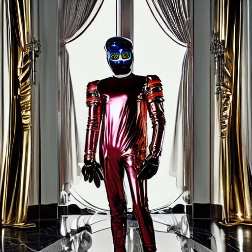 Image similar to architectural digest portrait photo, inside a futuristic ornate rococo bedroom made out of shiny reflective chrome and rubber and exotic woods, huge window showing a distant colorful planet, futuristic android with limbs made out of stretchy rubber tubing and latex mixed with shiny chrome gauntlets and chest piece and mask