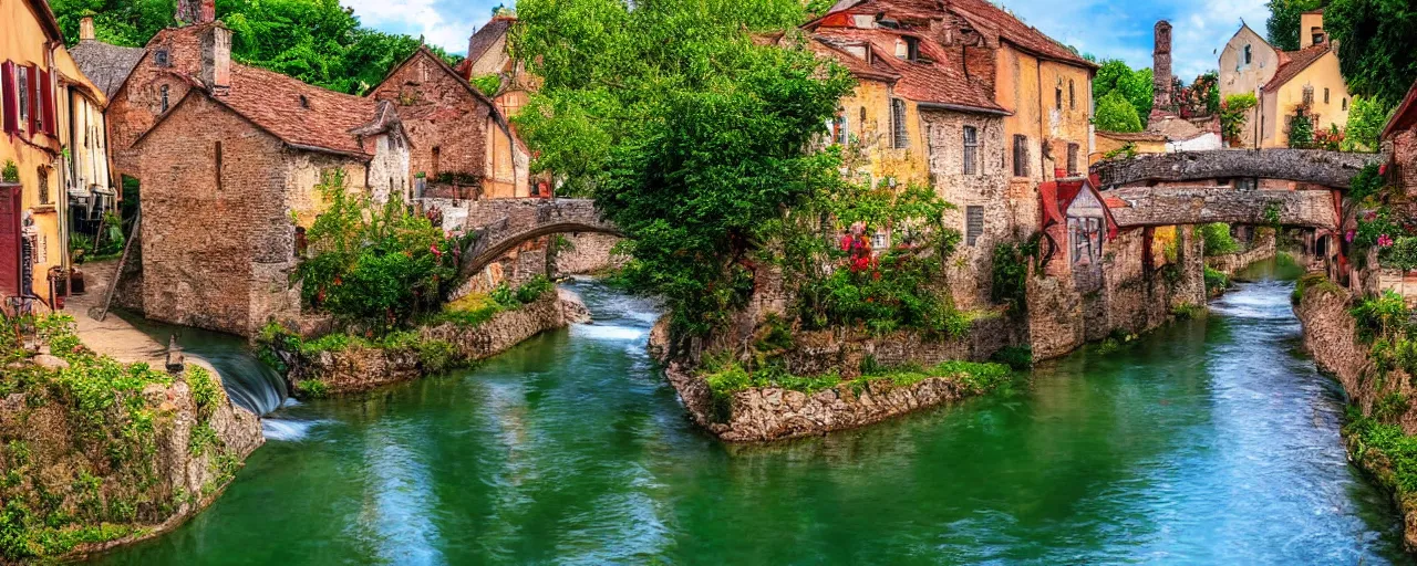 Image similar to a river running through a medieval village, summer, beautiful colors, wide-angle photograph, award winning, highly detailed