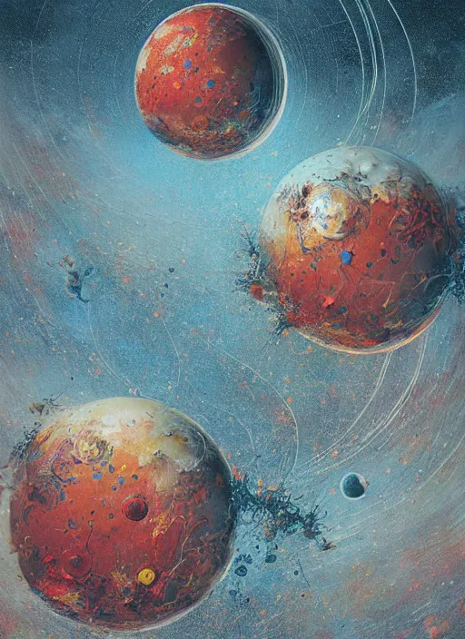 Image similar to spheres being covered by extremely detailed splatters of abstract pant, exploding, cracking planets and moons engulfed in flames in the style of, pascal blanche, surreal, beksinski, high detailed