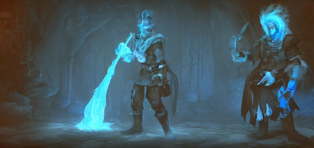 Image similar to 'stylized Skyrim wizard character, handsome young necromancer casting a spell to reanimate a corpse inside a dungeon chamber with eerie blue lighting'