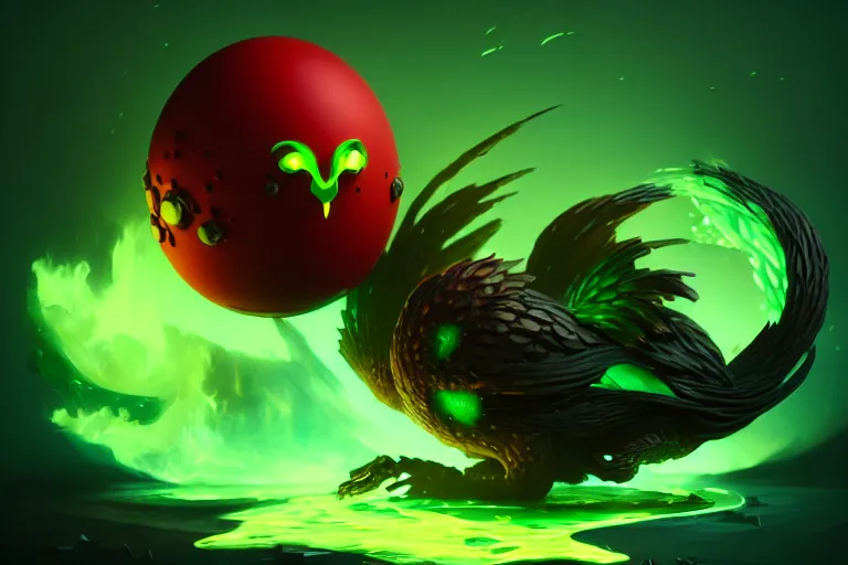 Image similar to little poisonous green phoenix climbs out of a broken big egg, peter mohrbacher style, ray tracing, cinematic, digital art, realistic, octane render