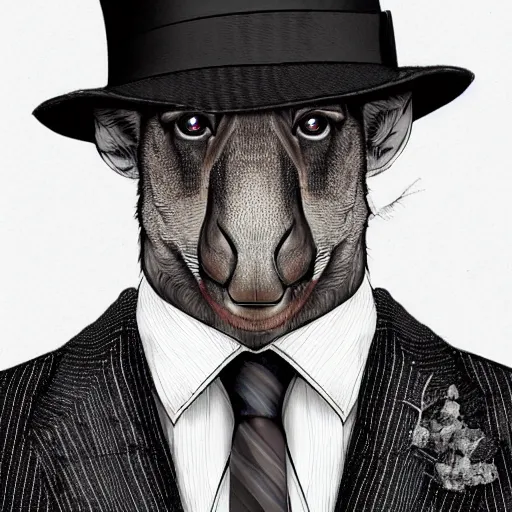 Image similar to a upper body portrait of a deer in a pinstriped suit and pants wearing a fedora with the antlers sticking out of the fedora adjusting his tie by artgerm and wlop, intricate detail, digital art, photorealistic, trending on artstation