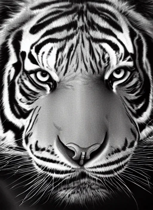 Image similar to a black and white photo of a tiger, a photorealistic painting by christian w. staudinger, behance, hyperrealism, hyper realism, majestic, wallpaper