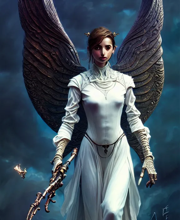 Image similar to beautiful fantasy character portrait, ana de armas, ultra realistic, wide angle, intricate details, the fifth element artifacts, highly detailed by peter mohrbacher, hajime sorayama, wayne barlowe, boris vallejo, paolo eleuteri serpieri, dishonored 2, white gown, angel wings