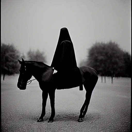 Prompt: A young lady with a black cloak is riding a dark horse from distance, Kodak TRI-X 400, dark mood, melancholic,