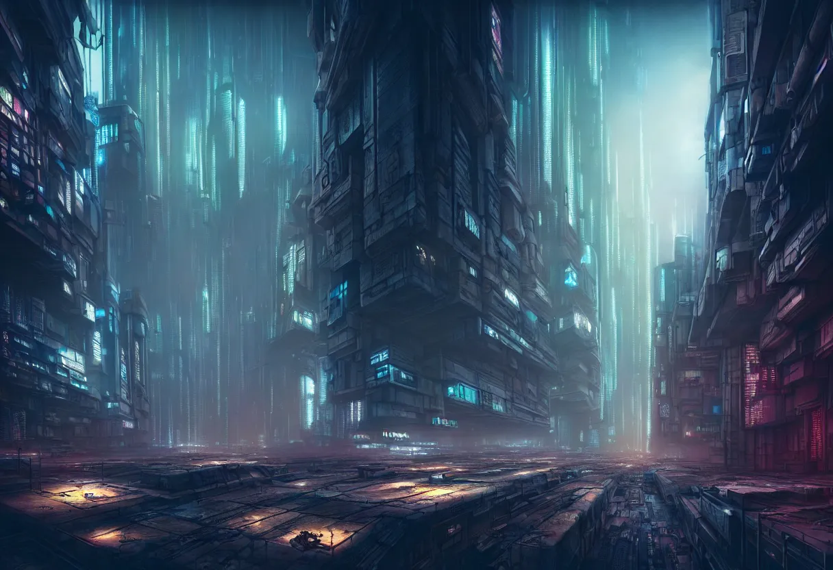 Image similar to inside of dystopian cyberpunk future cityscape of human mind and imagination, matte painting, beautiful render, octane render, concept art