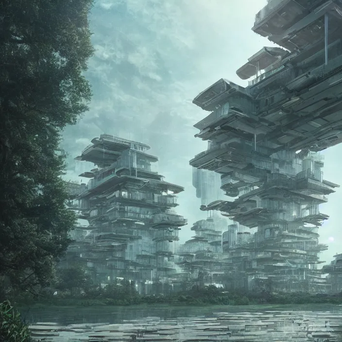 Image similar to a building in a serene landscape, biopunk