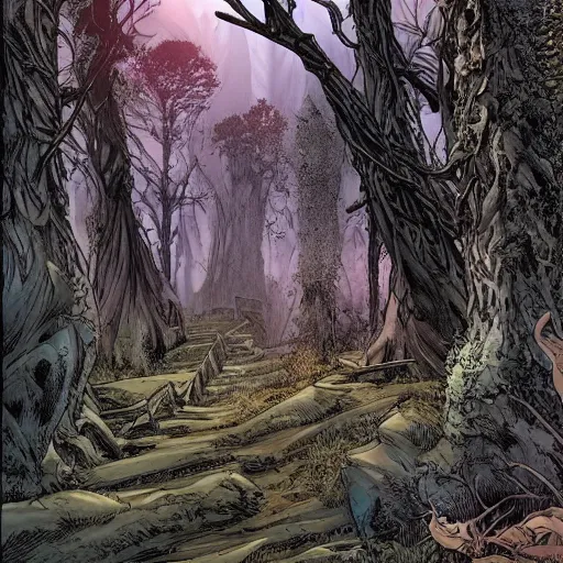 Image similar to a large gateway in the woods that opens to somewhere magical, highly detailed, smooth, sharp focus, bold colours, high contrast, graphic novel, art by ardian syaf and pepe larraz,