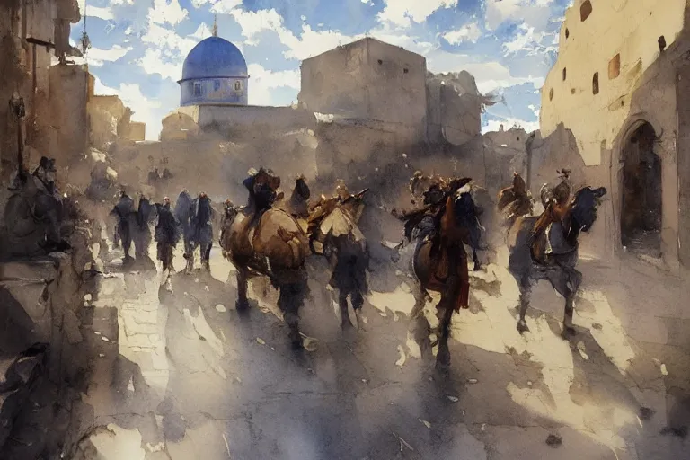 Image similar to small centered on watercolor paper, paint brush strokes, abstract watercolor painting of ancient jerusalem, cinematic light, national romanticism by hans dahl, by jesper ejsing, by anders zorn, by greg rutkowski, by greg manchess, by tyler edlin