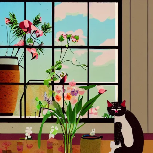 Prompt: cat on the table, flowers in vase, window with plant, village, matte painting, hyper detailed by farah atassi