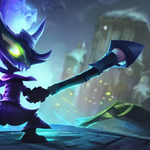 Prompt: Veigar from League of Legends holding his magical staff in a night city