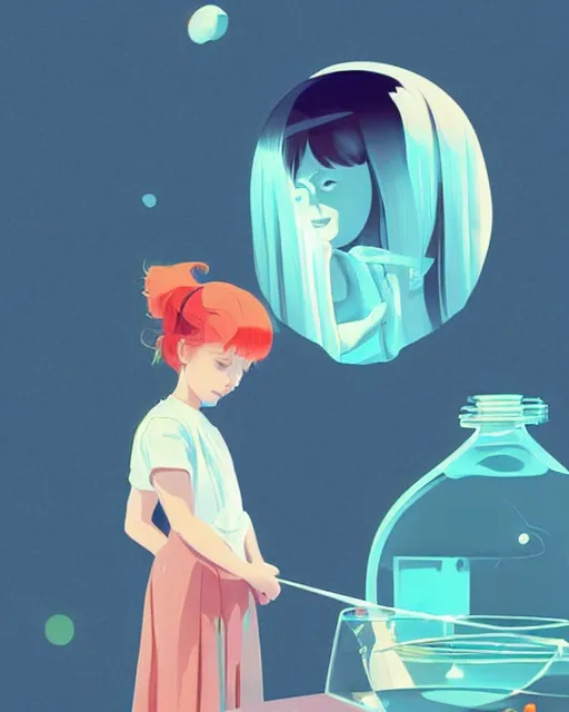 Image similar to a little girl is doing a science experiment. clean cel shaded vector art. minimalist illustration art by lois van baarle, artgerm, helen huang, by makoto shinkai and ilya kuvshinov, rossdraws