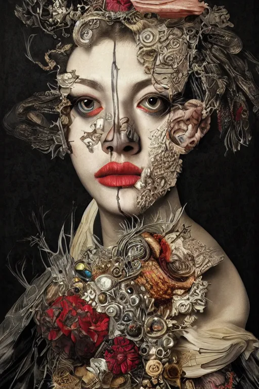 Image similar to Detailed maximalist portrait with large lips and wide white eyes, angry expression, HD 3D mixed media collage, highly detailed and intricate illustration in the style of Caravaggio, surreal dark art, baroque