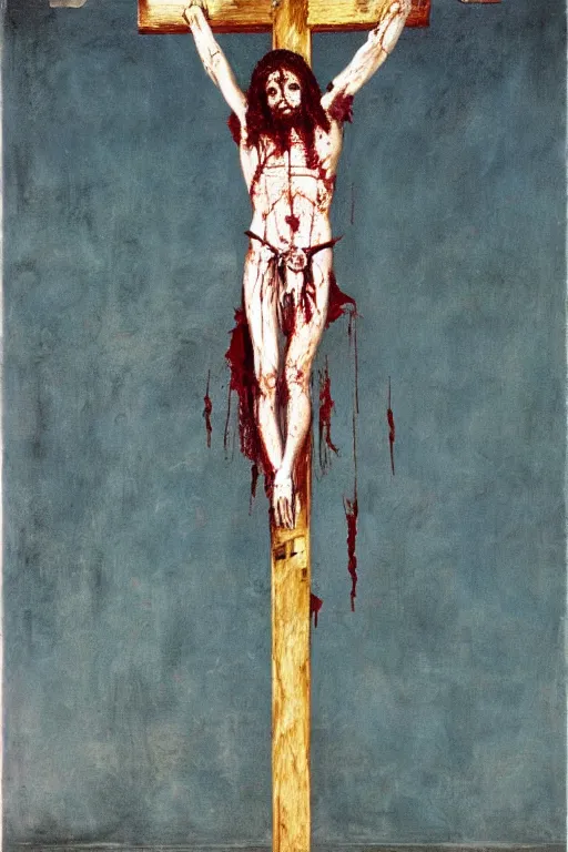 Prompt: bloody christ crucified on a very big mushroom painted in by cy twombly and andy warhol