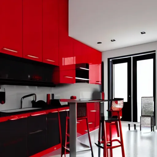 Image similar to photo of black kitchen fronts and furniture, red walls, white floor tiles, architecture, concept art