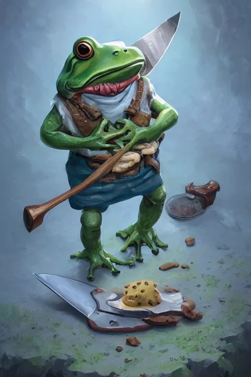 Image similar to cute anthropomorphic frog wearing butcher clothes with a hat and holding a cleaver knife ,tiny, small, miniature frog, baby animal, short, pale blue armor, cute and adorable, pretty, beautiful, DnD character art portrait, matte fantasy painting, cgsociety Artstation, by Jason Felix by Steve Argyle by Tyler Jacobson by Peter Mohrbacher, cinematic lighting