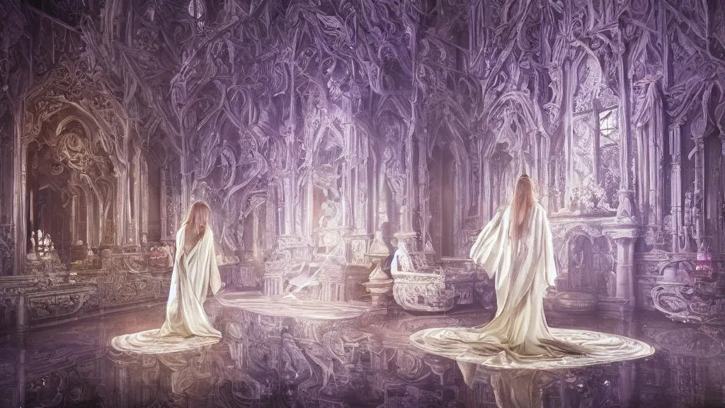 Prompt: a stunning wide angle view a woman wearing a majestic flowing silk robe in a magical white crystal castle with many mirrors, highly detailed reflections, artistic composition, sharp focus, intricate concept art, digital painting, colorful flat surreal design, hd, 8 k, artstation, ambient lighting