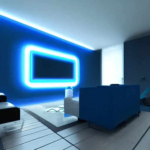 Image similar to futuristic looking living room, dark with blue neon lights, contrasted, tron style, octane render
